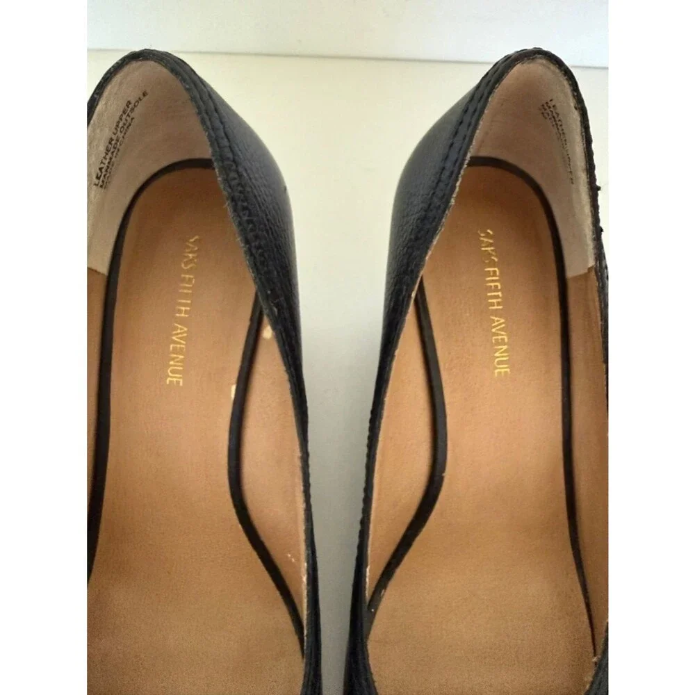 Saks Fifth Avenue Black Leather Peep Toe Wedge Heels 7M